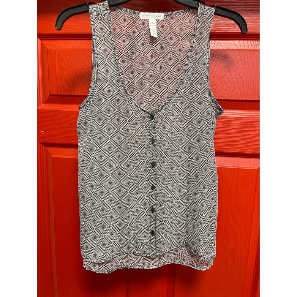 Ambiance Apparel Black White Geometric Diamond Print Button Down Tank Top M